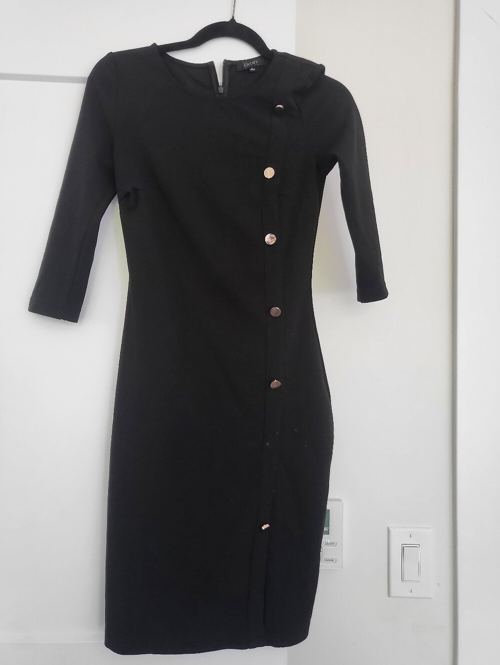 Black Women's Sheath Dress with Asymmetrical Button Detail
